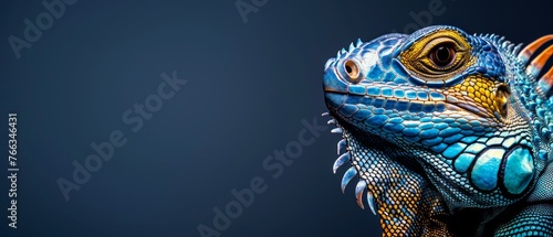  A detailed view of a reptile s face against a dark background  surrounded by a blue celestial panorama