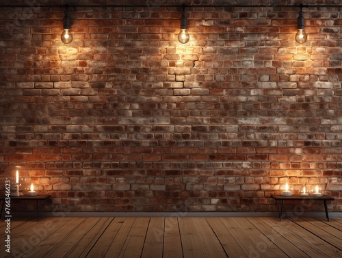 Room with brick wall and brown lights background © Celina
