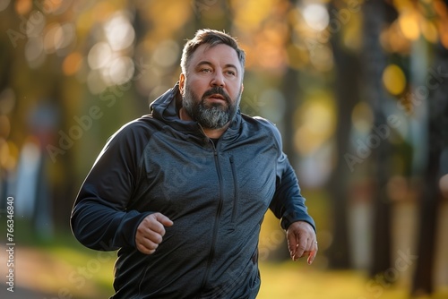 Middle aged overweight bearded man losing weight while running in grey jacket on a blurred city park background