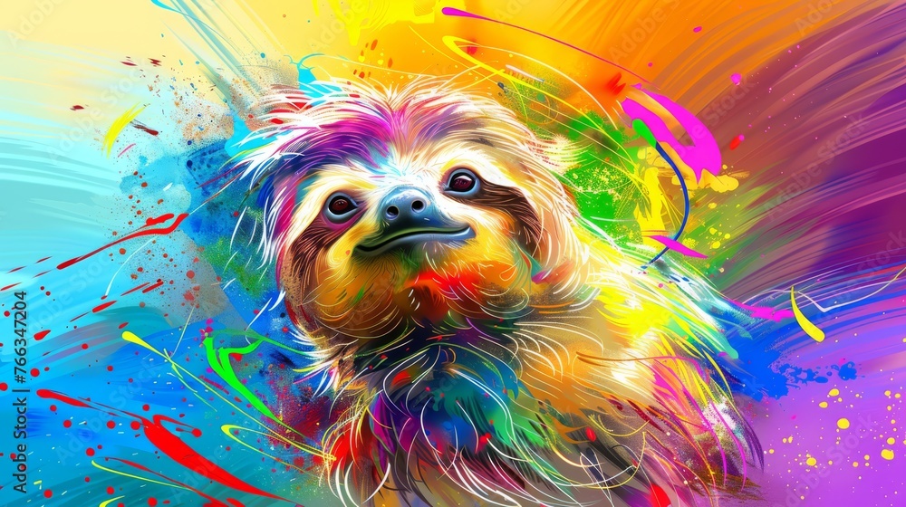 A vivid photo featuring a canine on a vibrant backdrop with scattered paint on its visage A vivid photo featuring a canine on a vibrant backdrop with scattered paint on its visage
