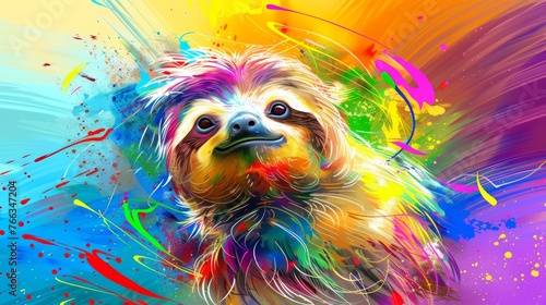  A vivid photo featuring a canine on a vibrant backdrop with scattered paint on its visage