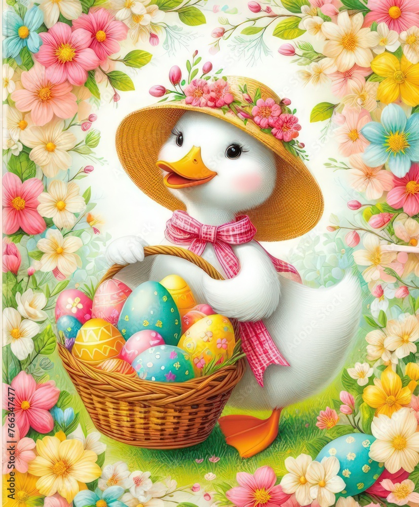 cute duck with Easter eggs basket illustration