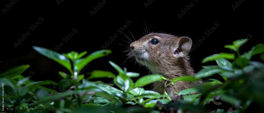 A close-up photo shows a tiny rodent in a bush, staring skyward with its eyes wide open A close-up photo shows a tiny rodent in a bush, staring skyward with its eyes wide open