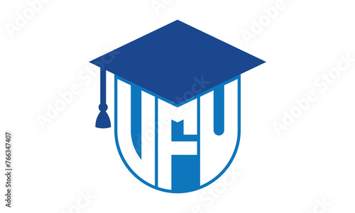 VFU initial letter academic logo design vector template. school college logo, university logo, graduation cap logo, institute logo, educational logo, library logo, teaching logo, book shop, varsity photo