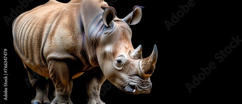  A focused photo of a rhinoceros's face, set against a dark backdrop, showing its horn and turned head