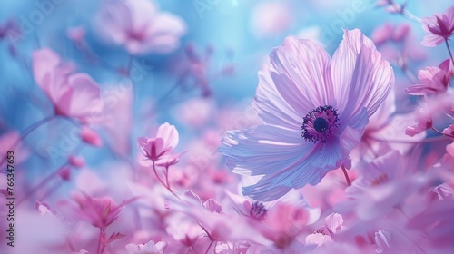  A close-up of a pink blossom amidst a sea of pink petals  set against a blue backdrop