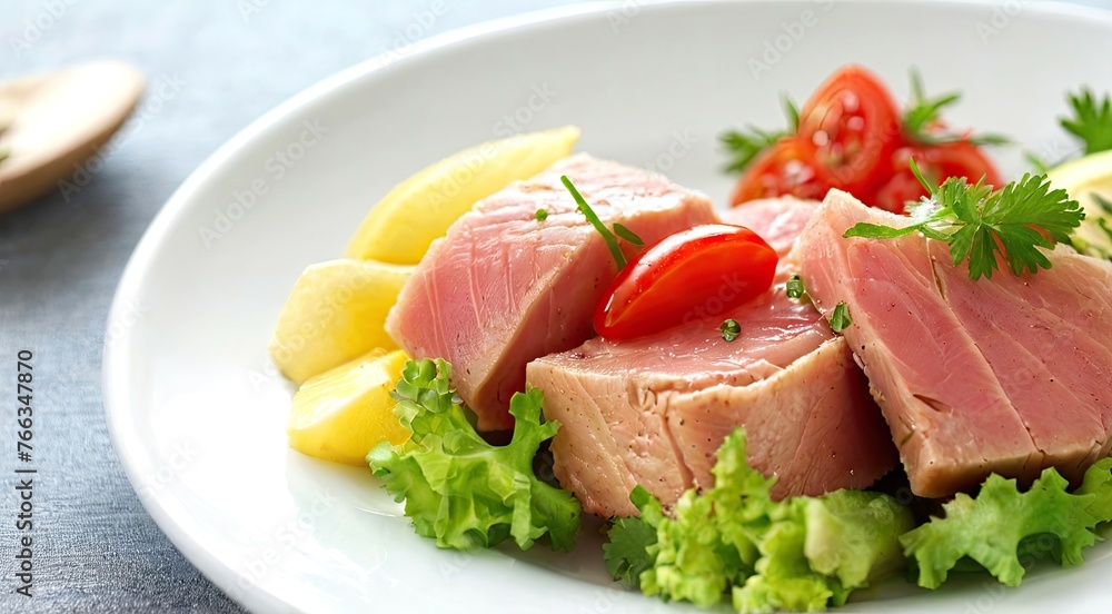 Fish meat and vegetables on a white plate, close-up photo Fish meat and vegetables on a white plate, close-up photo