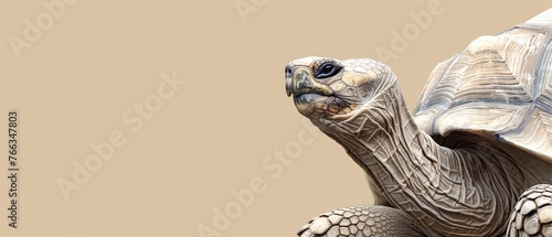  A high-resolution image of a close-up tortoise gazing directly into the camera, set against a creamy beige backdrop