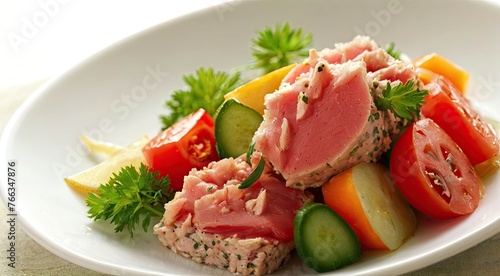 Fish meat and vegetables on a white plate, close-up photo