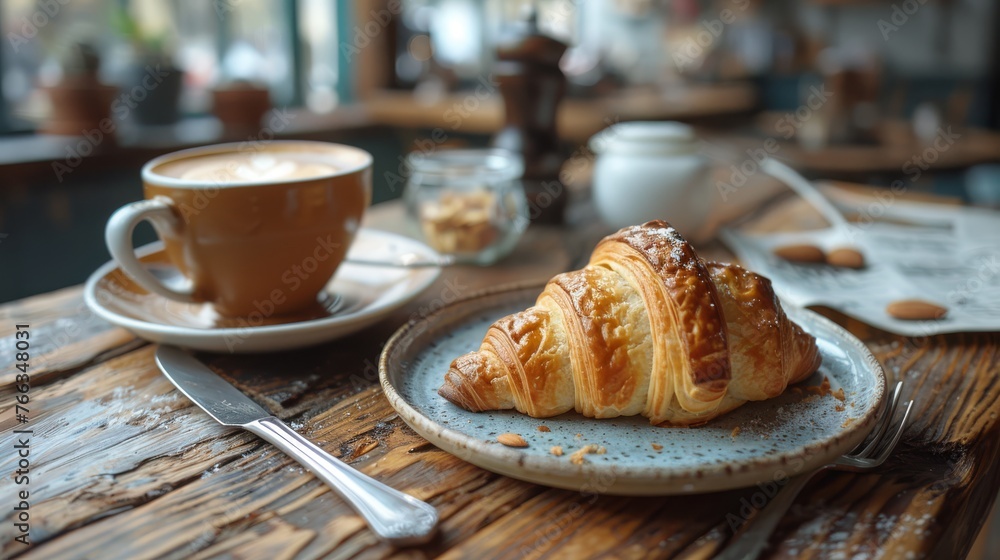 A croissant rests atop a plate alongside a cup of coffee and a spoon on a wooden table A croissant rests atop a plate alongside a cup of coffee and a spoon on a wooden table
