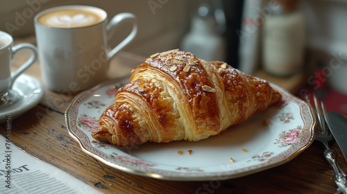  A croissant sits on a plate beside a coffee cup  atop a table  with a newspaper in the foreground