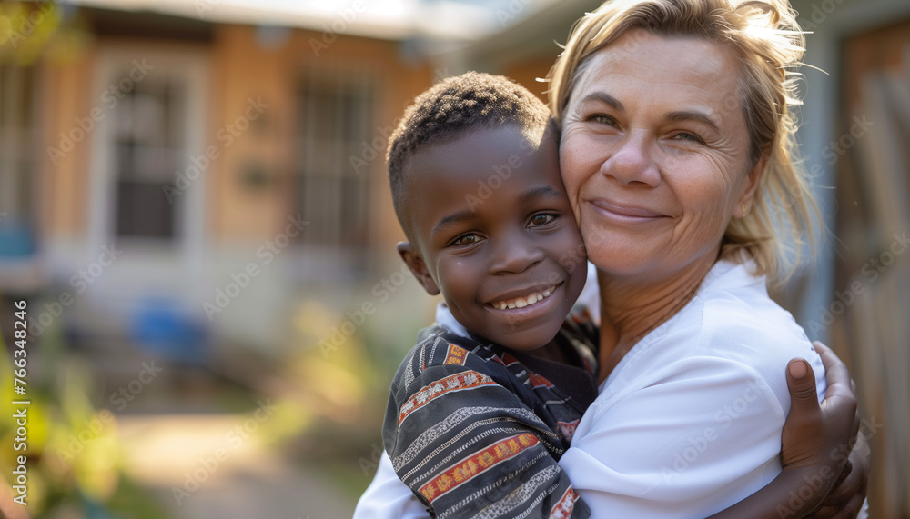 A Caucasian female in her forties hugging a smiling black child A Caucasian female in her forties hugging a smiling black child