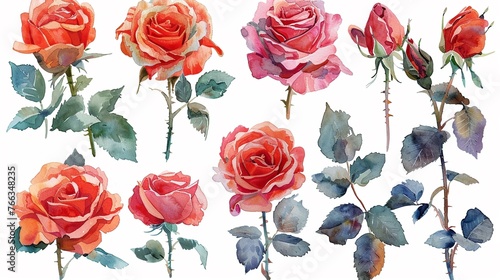 Watercolor rose clipart in various colors and angles