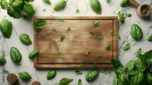 A realistic shot of a close-up of an empty chopping board photo