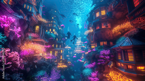 An underwater city illuminated by neon corals, with divers floating among the colorful buildings and luminescent sea creatures