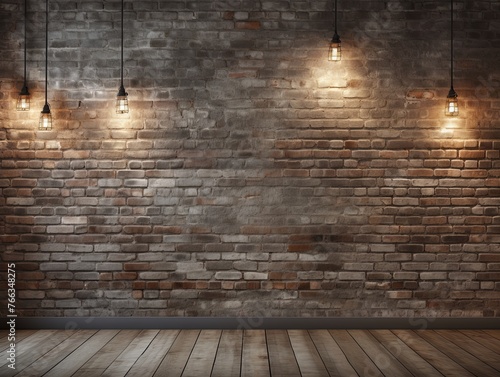 Room with brick wall and gray lights background