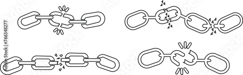 Black broken chain set. Vector, Chain link broken sign on transparent background. Freedom And Separation Concept, Breaking And Demolition Steel Chain. Engraving Template Hand Drawn In Vintage Style