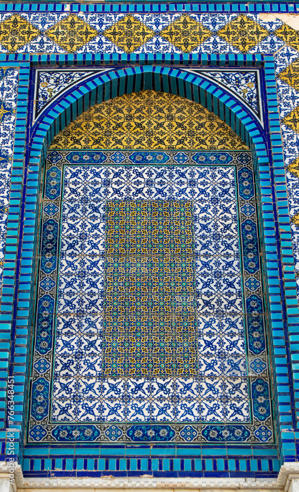 Details and mosaics of The Dome of The Rock in the old city of Jerusalem. Muslim architecture and arts.