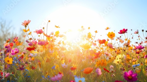 A vibrant field of wildflowers in full bloom, creating a sea of colors beneath a clear and sunny sky. © Nature