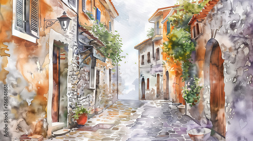 Watercolor illustration of a quaint European cobblestone street with colorful buildings and lush greenery, evoking a serene, artistic ambiance photo