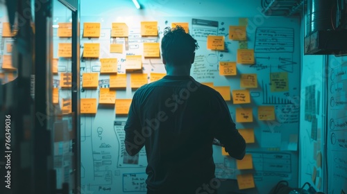 Fototapeta Naklejka Na Ścianę i Meble -  Man looking at post its on wall.