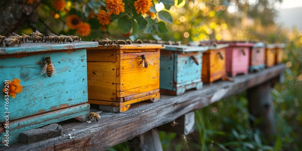 In the lush apiary, honeybees fly amidst nature, tending to honey, pollination, and colony health. - obrazy, fototapety, plakaty 