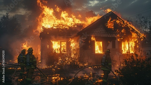 Blazing inferno consumes residential home - Two firefighters battle a massive fire consuming a home, capturing the severity of house fires and the bravery of first responders photo