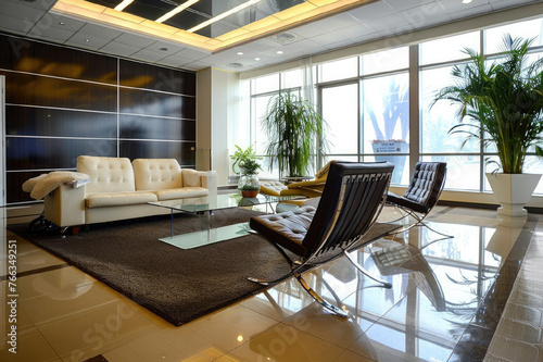 The hotel lobby interior is depicted with sophisticated black armchairs and a pristine white sofa, exuding elegance and modernity. This stylish design creates a luxurious and inviting atmosphere for g photo