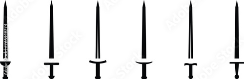 Sword set in flat style and silhouettes isolated on transparent background. Icon of ancient swords. Medieval swords. Japanese sword katana. Military sword ancient weapon design element for mobile.