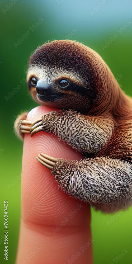 Sloth With Human Cuteness. Tiny baby sloth sits on human finger. Background in blur from ...
