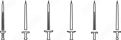 Sword set in flat style and silhouettes isolated on transparent background. Icon of ancient swords. Medieval swords. Japanese sword katana. Military sword ancient weapon design element for mobile.