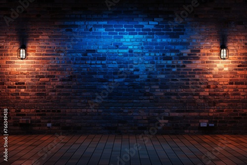 Room with brick wall and indigo lights background