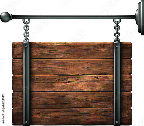 A wooden background shield hanging on chains. High detailed realistic illustration © kjolak