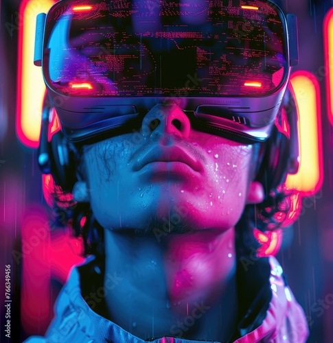 Cyberpunk style figure using VR device with red neon - A figure clad in a futuristic outfit engages with a VR device surrounded by red neon lights, evoking themes of cyberpunk and digital engagement