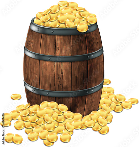 Wooden barrel with gold coins on a white background. 3d vector. Highly detailed realistic illustration. © kjolak