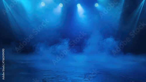 Enigmatic blue fog under bright stage lights - An intense blue haze engulfs the floor of an empty stage, with bright lights casting an otherworldly glow on the expansive void