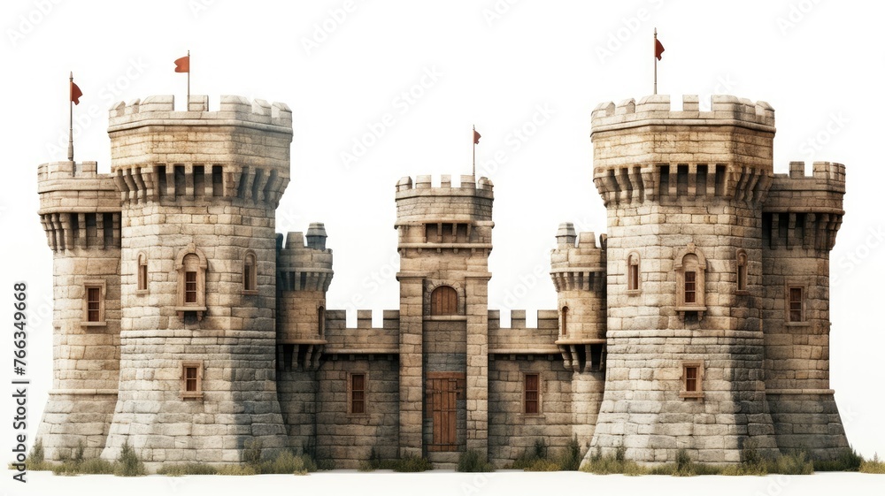 Imposing stone castle with twin towers - A digital illustration of a majestic stone castle with twin towers projecting strength and a medieval atmosphere