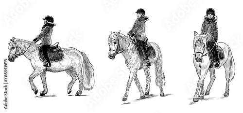 Equitation, child horseback riding, sport exercise, horse, harness, rider, realistic,sketch, vector hand drawn illustration isolated on white photo