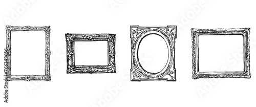 Frames decorative carved wooden vintage style, four, doodle, sketches, vector hand drawing isolated on white