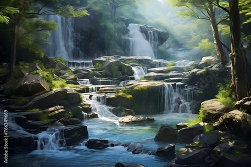 Tranquil waterfalls streaming down vibrant slopes  their gentle murmur harmonizing with the melody of nature