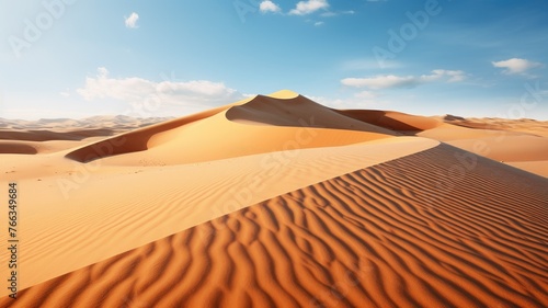 Majestic desert dunes in a serene landscape - Imposing desert dunes rise gently, their serene and undulating forms creating an atmosphere of peace amidst a harsh environment