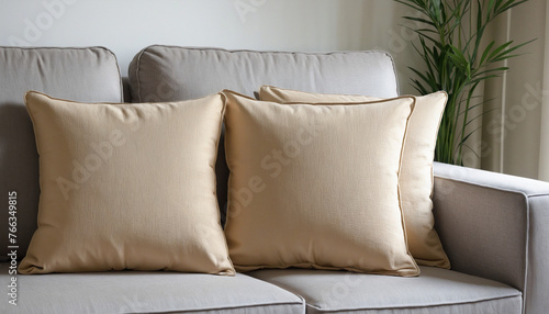 Close-up of beige earth tone pillow cushion set arrange on sofa couch in living room interior design home sweet home ideas concept colorful background