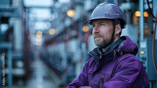 Pensive male worker with an industrial backdrop - A thoughtful male worker in a purple uniform and helmet with a complex industrial background