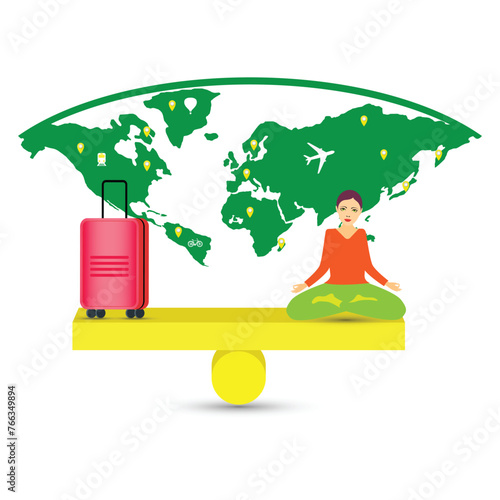 Woman in lotus position meditating on a see saw in balance with her luggage and the world map in background