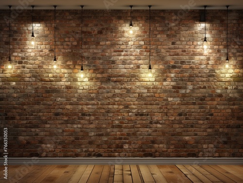 Room with brick wall and khaki lights background