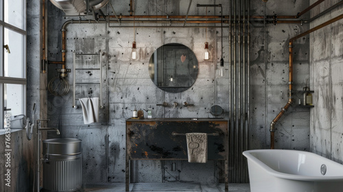 An industrial-chic bathroom featuring exposed pipes, concrete walls, and a salvaged metal vanity for an edgy urban look  photo