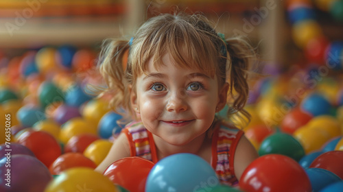 Charming toddler girl with blue-green eyes smiling broadly while playing in a ball pit with colorful spheres