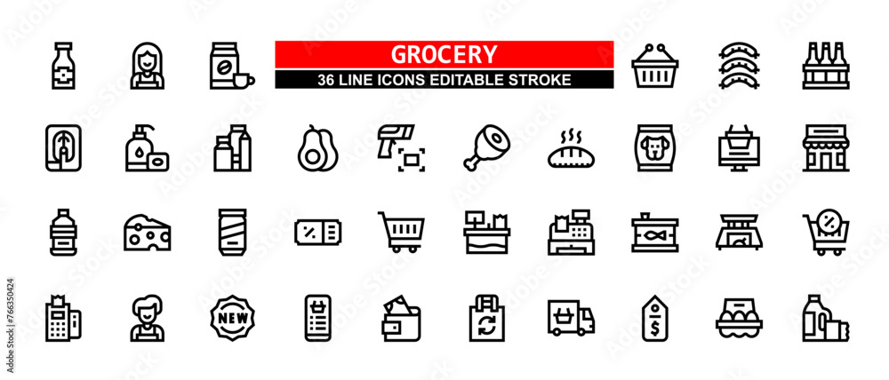 36 Grocery Line Icons Set Pack Editable Stroke Vector Illustration.