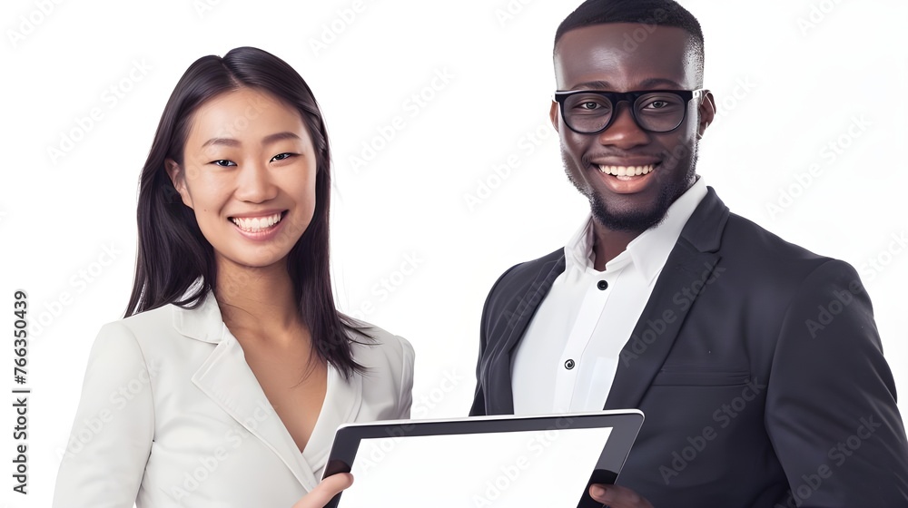 Asian and African employees interact in the workplace, discussing data on a tablet, which emphasizes the importance of intercultural interaction and professional teamwork. Asian and African employees interact in the workplace, discussing data on a tablet, which emphasizes the importance of intercultural interaction and professional teamwork.