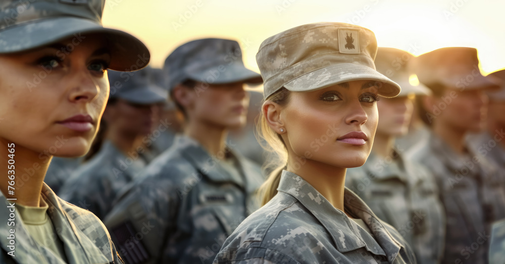 Fototapeta premium Group of young women in digital camouflage uniforms standing at army ceremony or presentation. Generative AI
